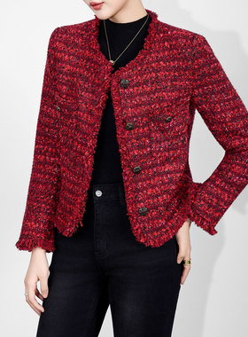 IDA新年战袍 红色羊毛粗花呢小香风外套女秋冬高级感气质v领上衣