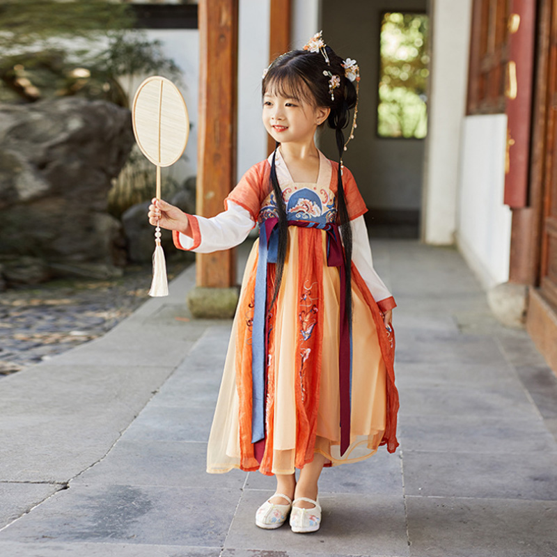 汉服女童春装襦裙2021超仙古装中国风长袖改良刺绣连衣裙儿童唐装