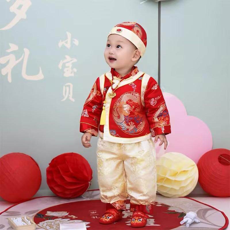 周岁礼服男宝红色一岁生日宴抓周服龙宝分体唐装婴儿新中式套装秋