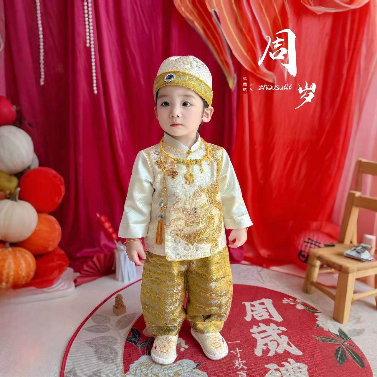 周岁礼服男宝宝周岁宴龙宝宝中式抓周服男童分体唐装百天婴儿衣服