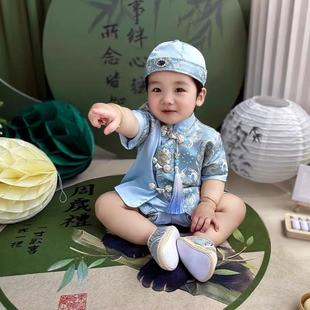 周岁礼服男宝夏季中式男童唐装蓝色套装百天婴儿衣服周岁宴抓周服