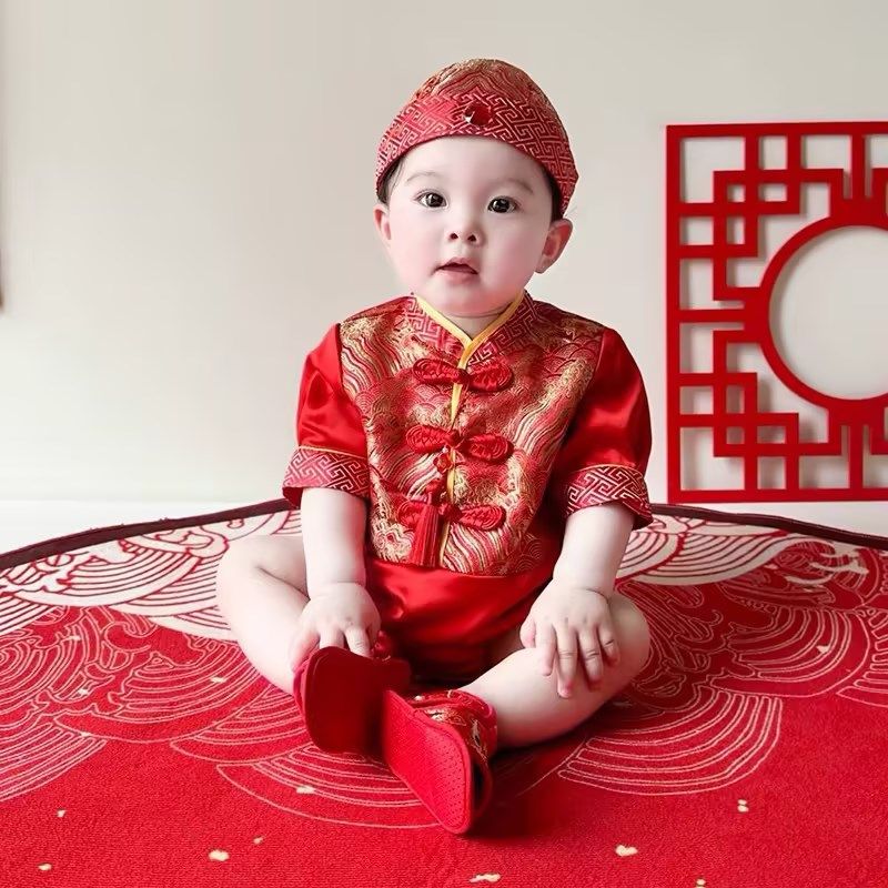 女宝宝周岁礼服男中式唐装一岁生日宴抓周服冠衣百天婴儿包屁衣夏