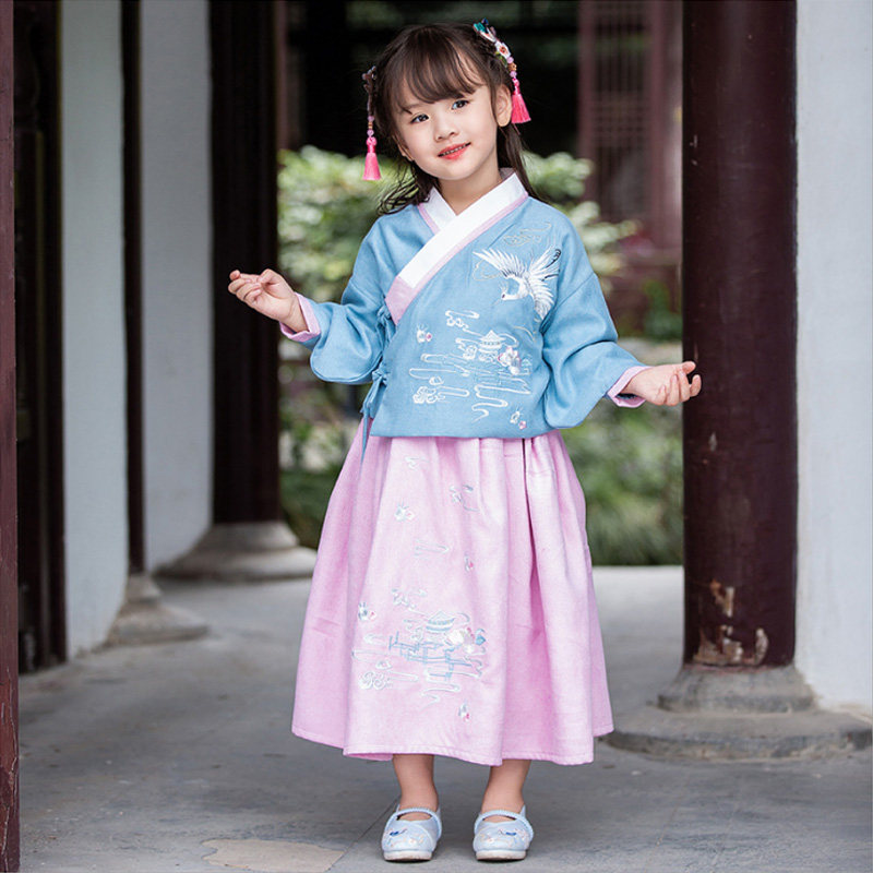女童网红套装襦裙洋气小女孩超仙绣花改良袄裙中国风汉服表演礼服