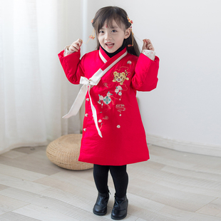 儿童汉服女冬刺绣中国风中长款棉服宝宝加厚保暖古风冬装外套唐装