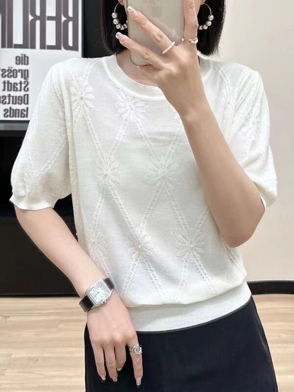 赵四小姐夏季女士针织衫打底衫短袖宽松套头冰丝蕾丝薄款T恤