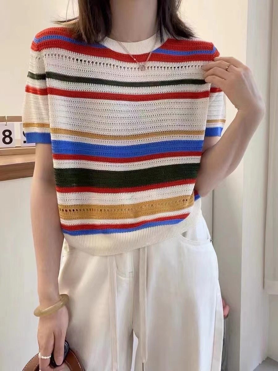 夏季女士天丝针织衫短袖条纹薄款宽松显瘦V领开衫女民族风上衣女