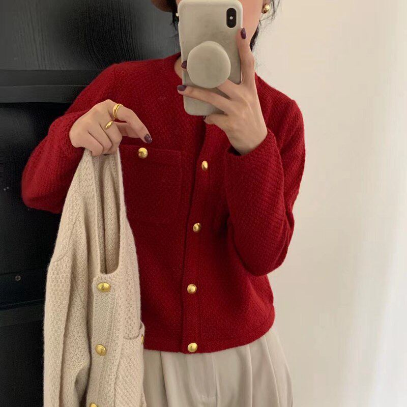 女装全羊毛亮丝口袋开衫2025春季新款针织衫圆领宽松外套女上衣
