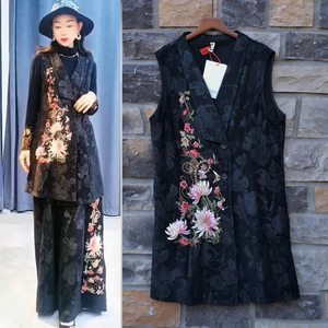 唐风女装新款西服领开衫无袖坎肩外套重工刺绣花中长款马甲马夹