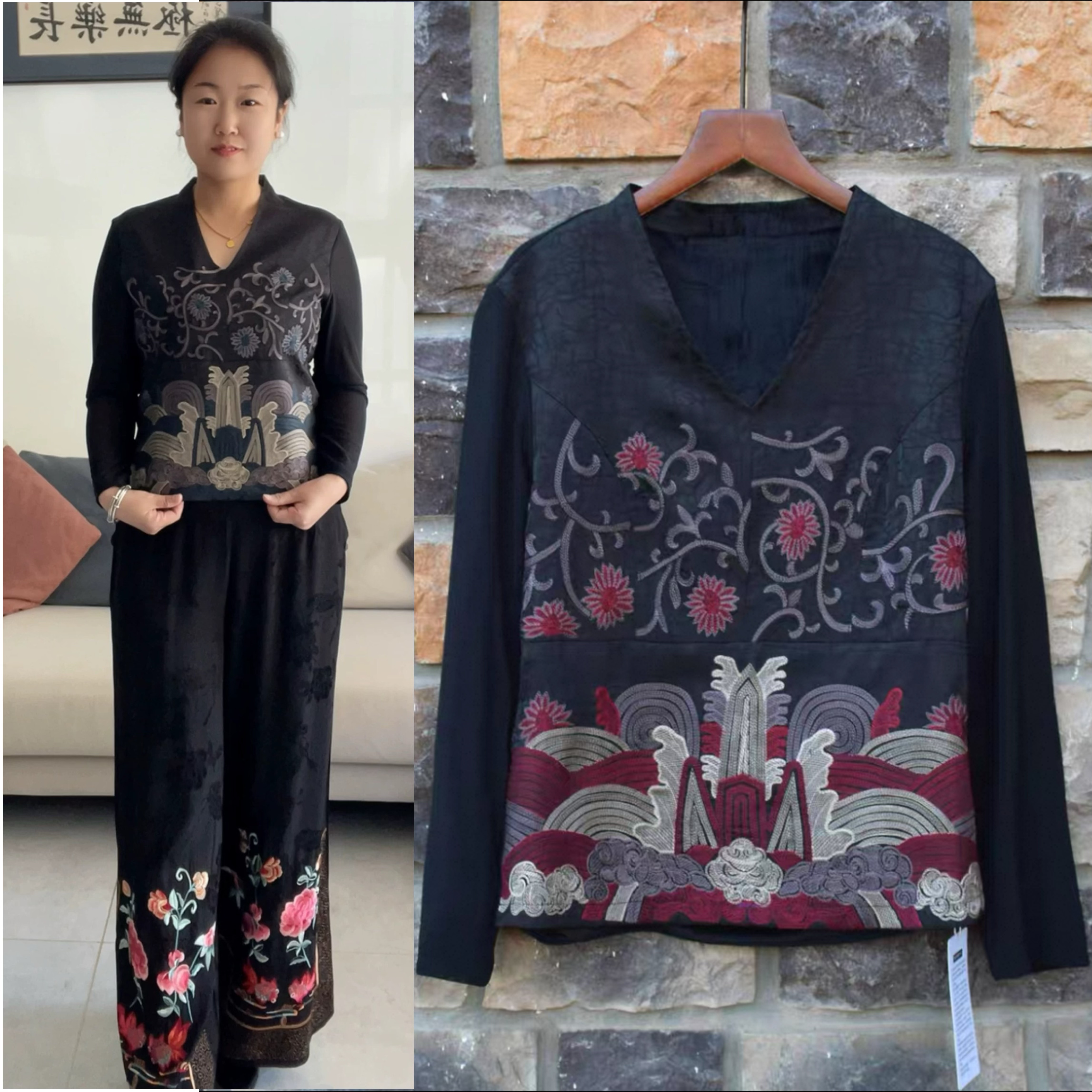 网纱袖刺绣网纱打底衫t恤女春夏新款国风内搭上衣提花缎长袖小衫