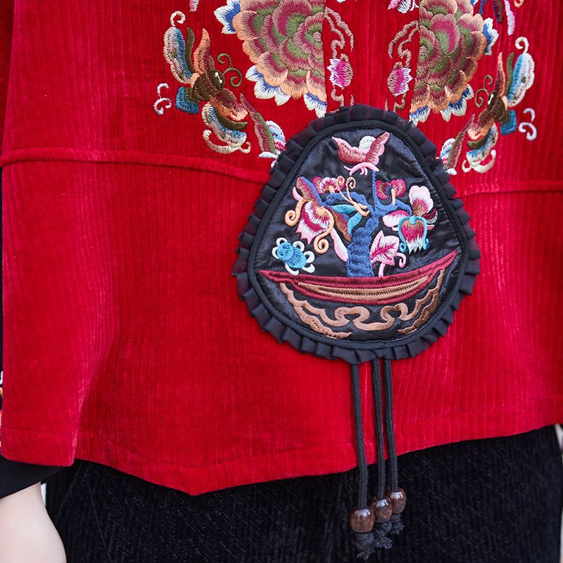 FALL|WINTER 2024 ETHNIC STYLE WOMENS EMBROIDERED FLOWER STRIP VELVET LOOSE STAND COLLAR SHORTS TOP WIDE-LEG PANTS SET