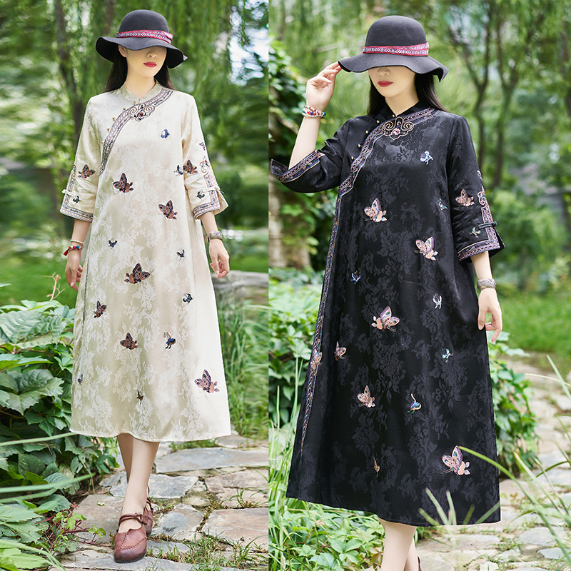 民族风提花中式复古茶服女重工刺绣气质连衣裙