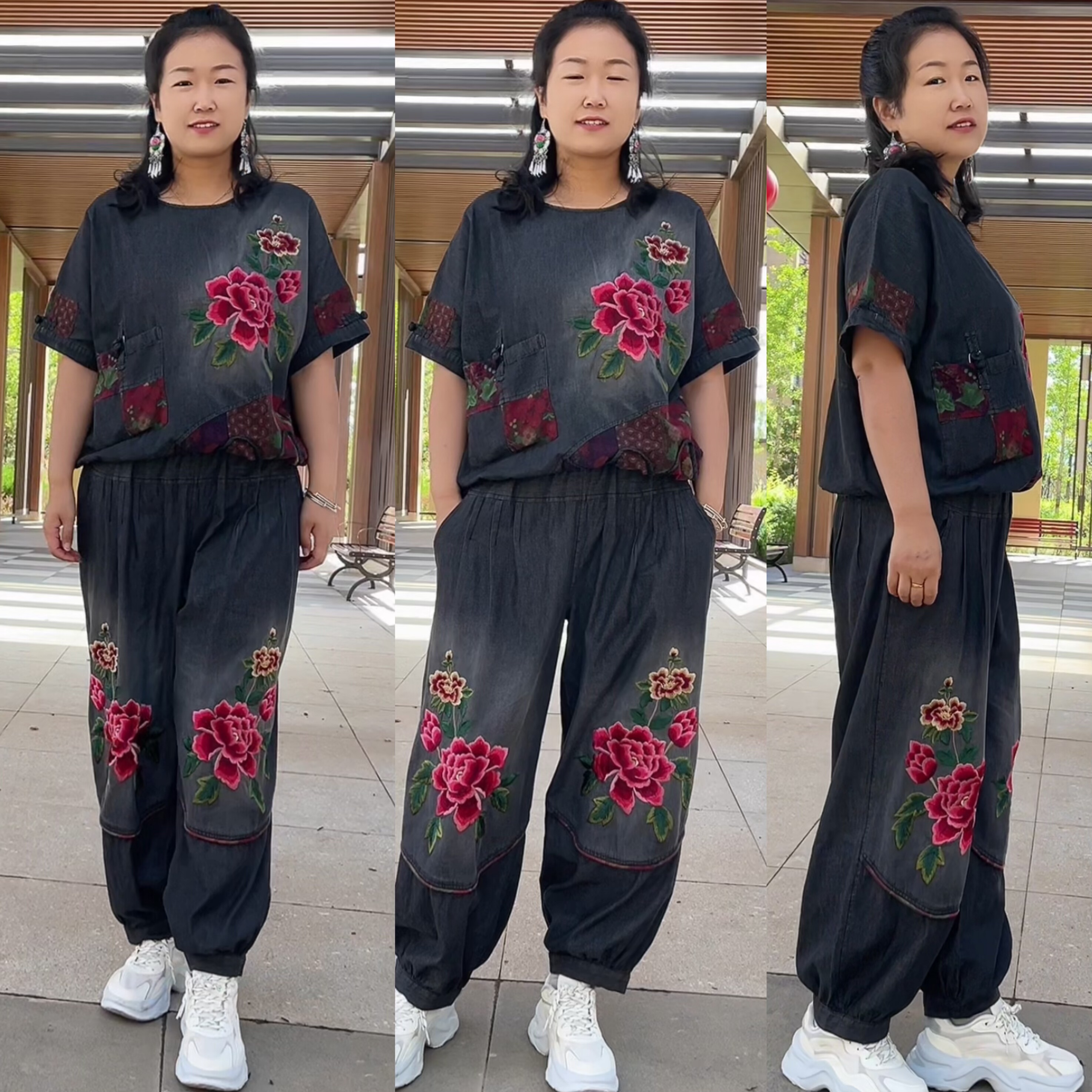 民族风夏季新款薄水洗牛仔布渐变色休闲宽松大码女装上衣裤子套装