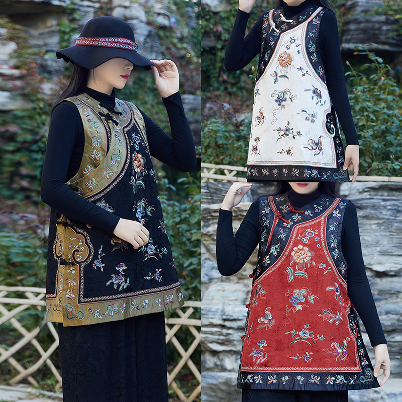2024秋冬新款国风无袖坎肩斜盘襟重工刺绣花马甲上衣外搭马夹,女装/女士精品,马夹,淘宝优惠券,粉丝福利购,淘宝优惠卷