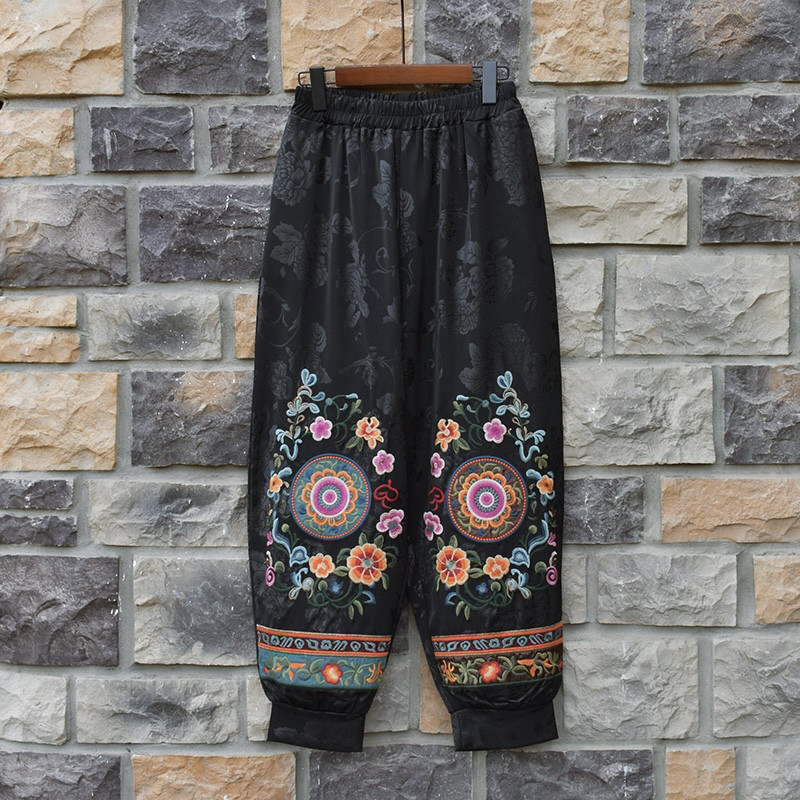 新中式时尚气质中国风刺绣花阔腿裤大码民族风灯笼裤女裤松紧腰裤