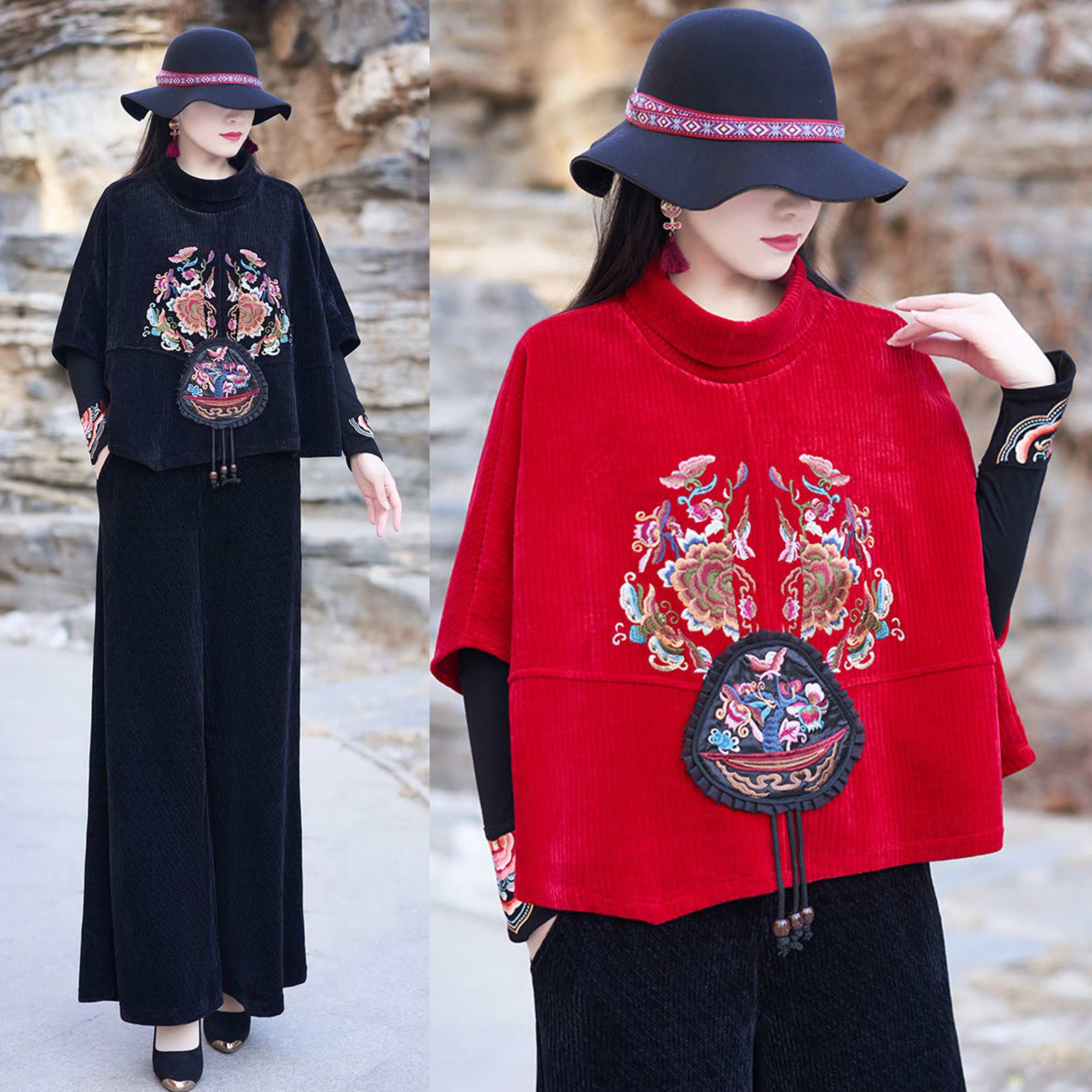 FALL|WINTER 2024 ETHNIC STYLE WOMENS EMBROIDERED FLOWER STRIP VELVET LOOSE STAND COLLAR SHORTS TOP WIDE-LEG PANTS SET