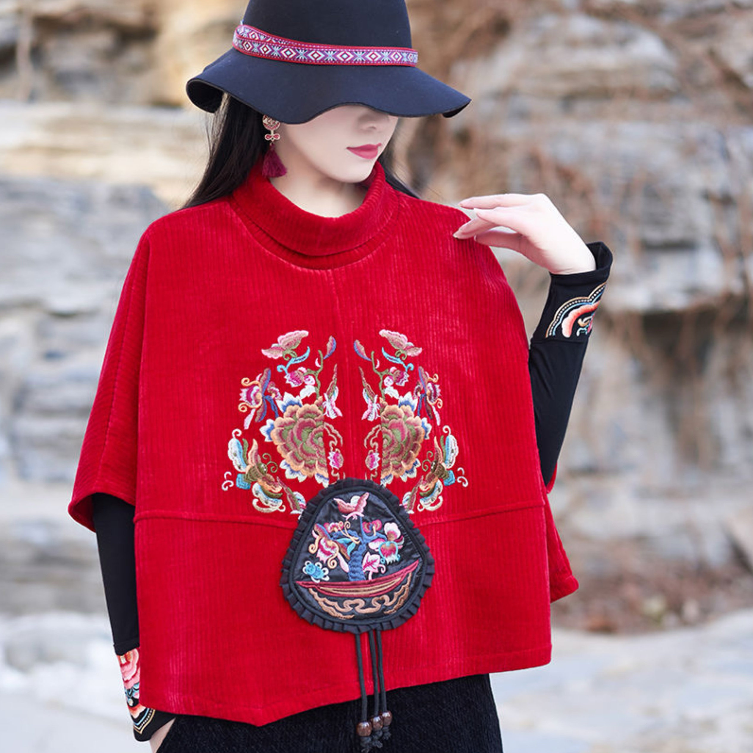 FALL|WINTER 2024 ETHNIC STYLE WOMENS EMBROIDERED FLOWER STRIP VELVET LOOSE STAND COLLAR SHORTS TOP WIDE-LEG PANTS SET