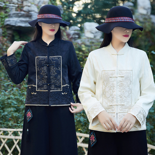 秋冬新款民族风女装外套刺绣花盘扣开衫外套中式立领妈妈加绒上衣