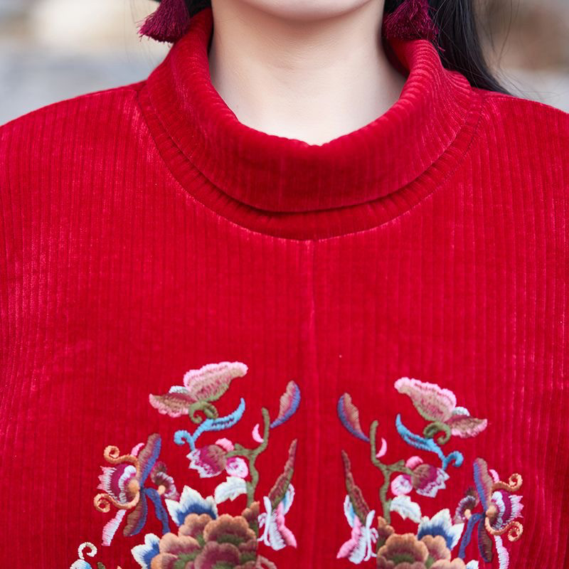 FALL|WINTER 2024 ETHNIC STYLE WOMENS EMBROIDERED FLOWER STRIP VELVET LOOSE STAND COLLAR SHORTS TOP WIDE-LEG PANTS SET