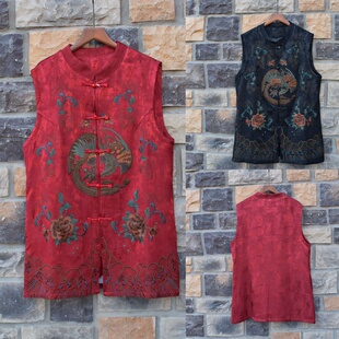民族风秋重工刺绣花无袖马甲坎肩中老年气质妈妈显瘦中款马夹上衣