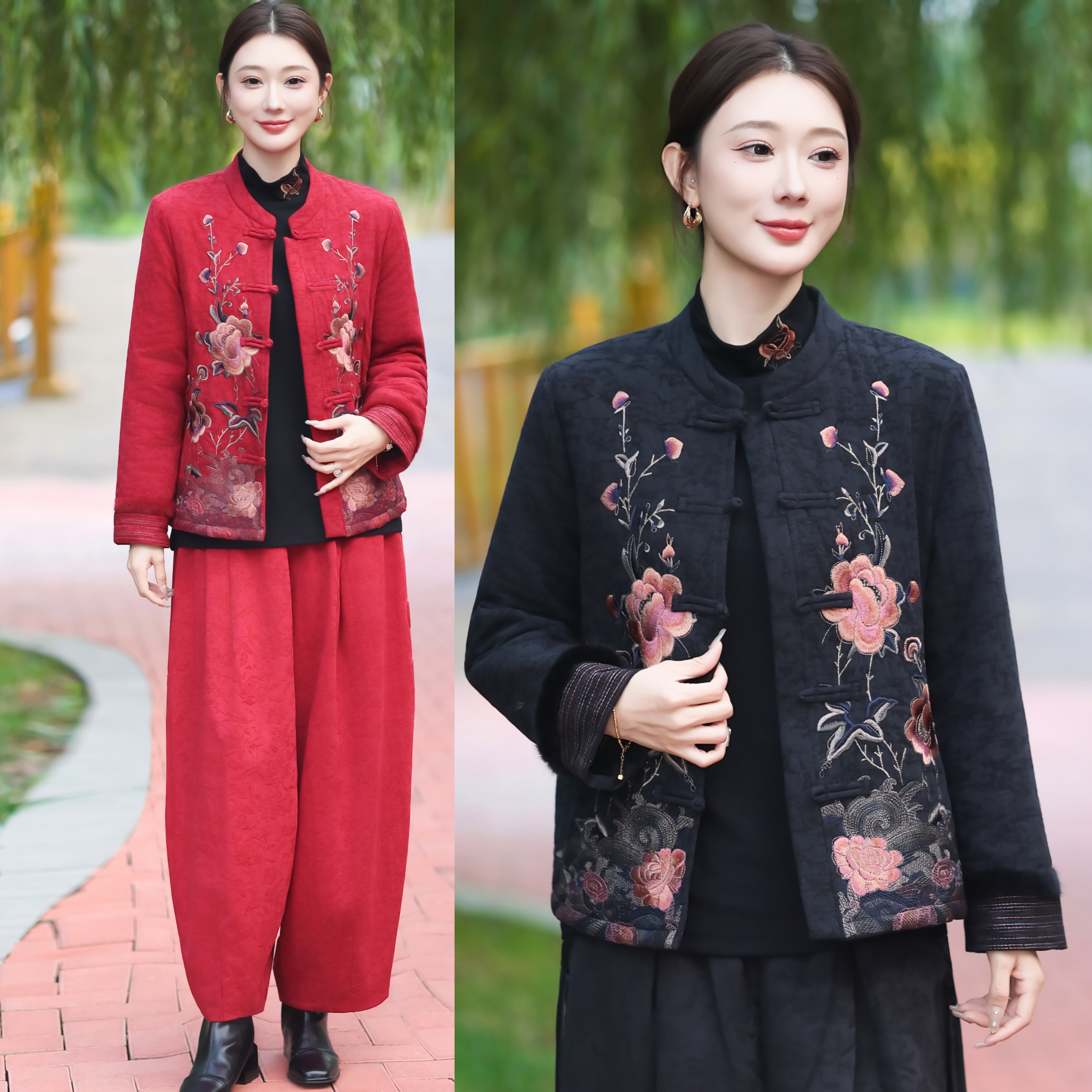 2025冬季新款中式刺绣花开衫小棉袄盘扣复古风妈妈棉衣棉裤两件套