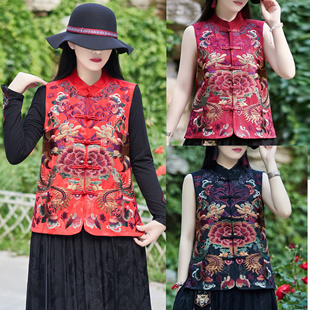 中国风女装刺绣花牡丹盘扣立领无袖坎肩上衣新中式开衫马夹