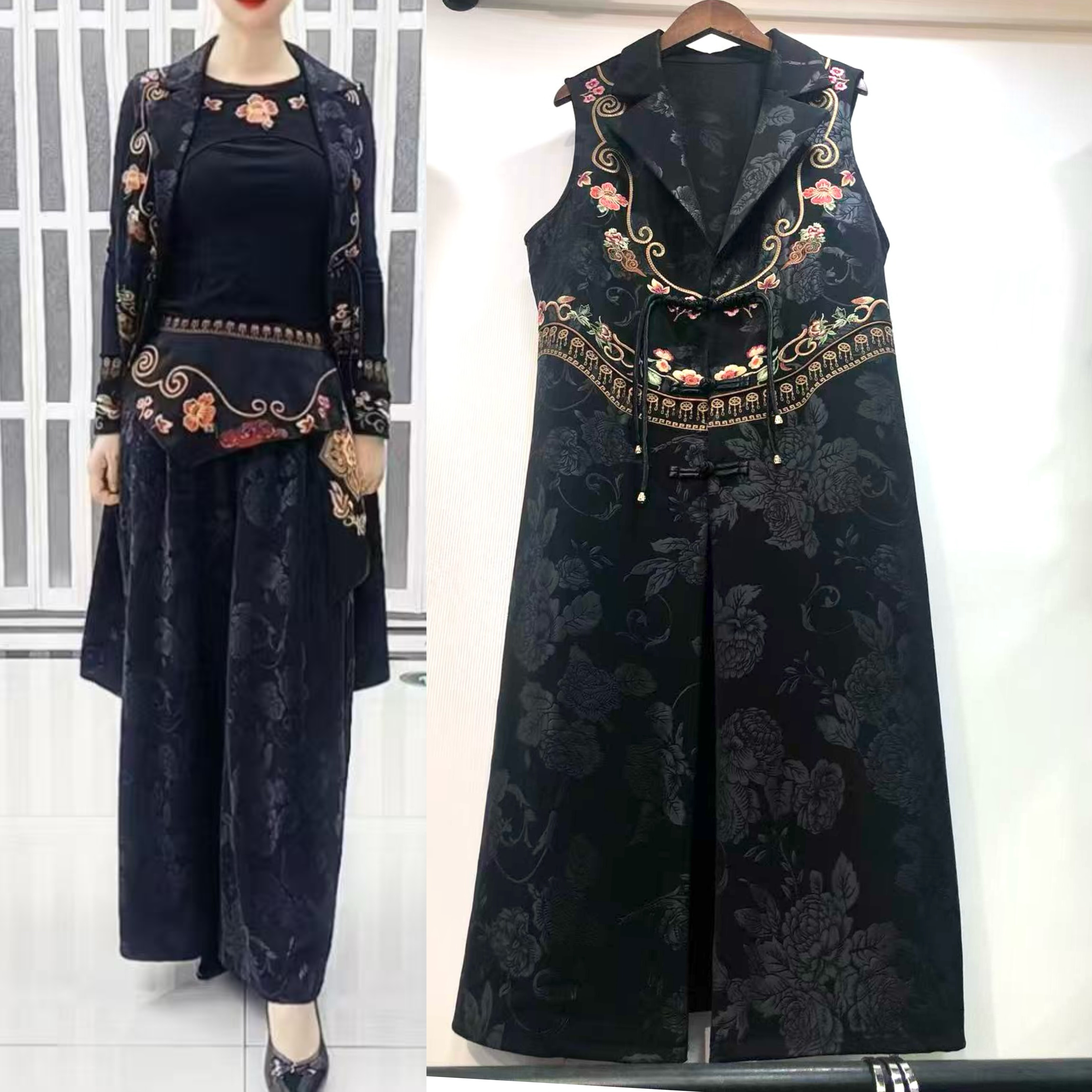 2025秋季新款民族风重工刺绣中长款无袖马甲西服领坎肩背心阔腿裤