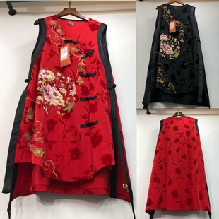 2026新款民族风重工刺绣绣花花好月圆不规则时尚无袖坎肩中长马甲