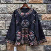 新款 短款 新中式 开衫 外套气质上衣 复古民族风刺绣花圆领长袖 秋季