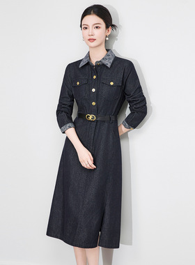 RMO&JUL气质通勤复古撞色翻领OL中长牛仔连衣裙罗家女装秋季新款