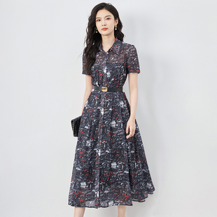 RMO&JUL气质通勤复古印花翻领衬衫长裙收腰显瘦雪纺连衣裙罗家女