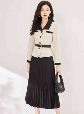 RMO&JUL撞色雪尼尔外套+高腰百褶半身裙时尚套装罗家秋装女装新
