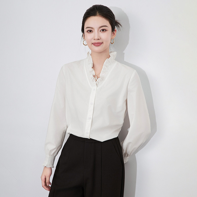 RMO&JUL甜美木耳花边V领抗皱长袖衬衫气质通勤打底黑白上衣罗家女