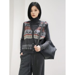 曼娅奴女装2026春新款复古提花马甲开衫高领打底两件套MQ14JK704