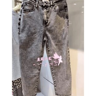 曼娅奴专柜正品2023夏装新款牛仔裤女牛仔灰显瘦裤子MN22NC011