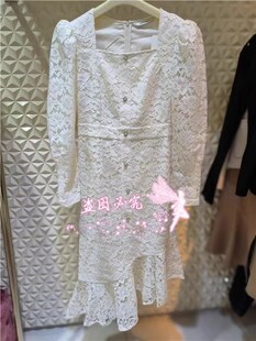 曼娅奴女士蕾丝裙2023春秋新款镂空高腰显瘦连衣裙女MN12DC041
