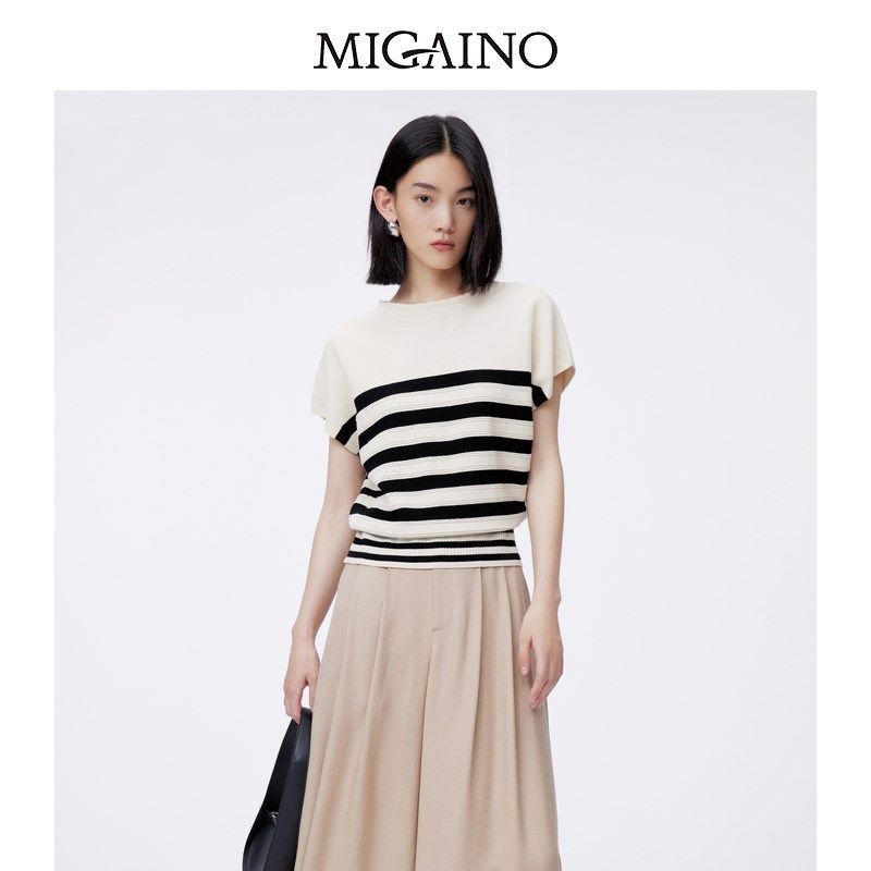 Migaino曼娅奴套头针织衫女2024春夏新款小个子条纹上衣MO12KW248,女装/女士精品,毛针织衫,淘宝优惠券,粉丝福利购,淘宝优惠卷