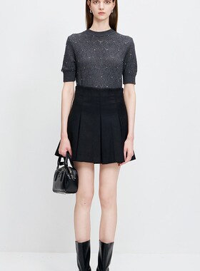 Migaino曼娅奴女装秋季新款时尚感贴钻短袖套头针织衫MP34WH608