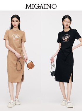 曼娅奴休闲连衣裙女2024夏季新款小个子收腰中长款T恤裙MO14DA665