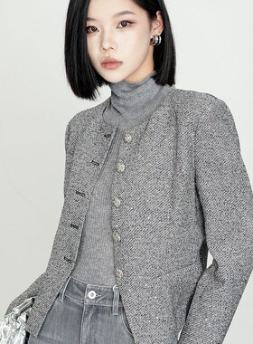 曼娅奴女装秋季新款圆领高级感银灰色收腰显瘦短外套MP34SC704