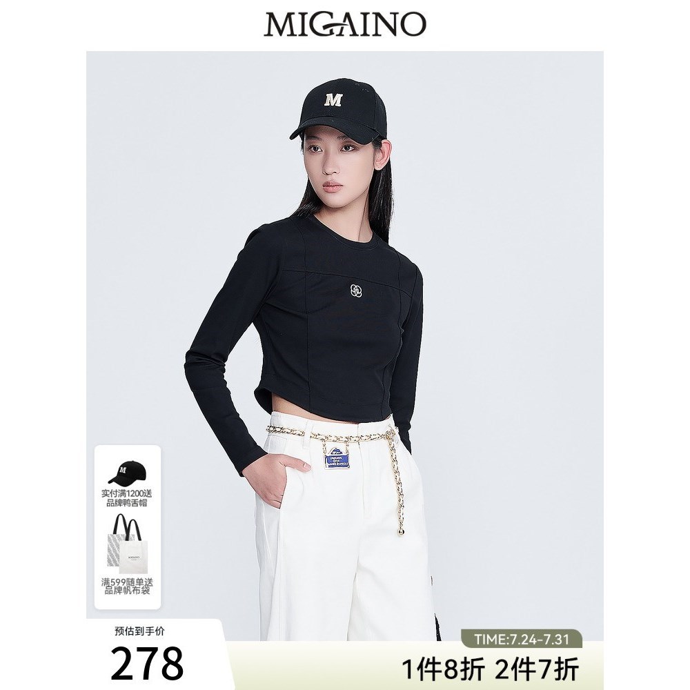 Migaino曼娅奴女装长袖T恤2023新款黑色圆领短款上衣MN12RC015