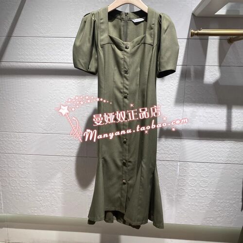 曼娅奴专柜正品2023新款连衣裙橄榄绿短袖束腰方领裙子MN12DA073