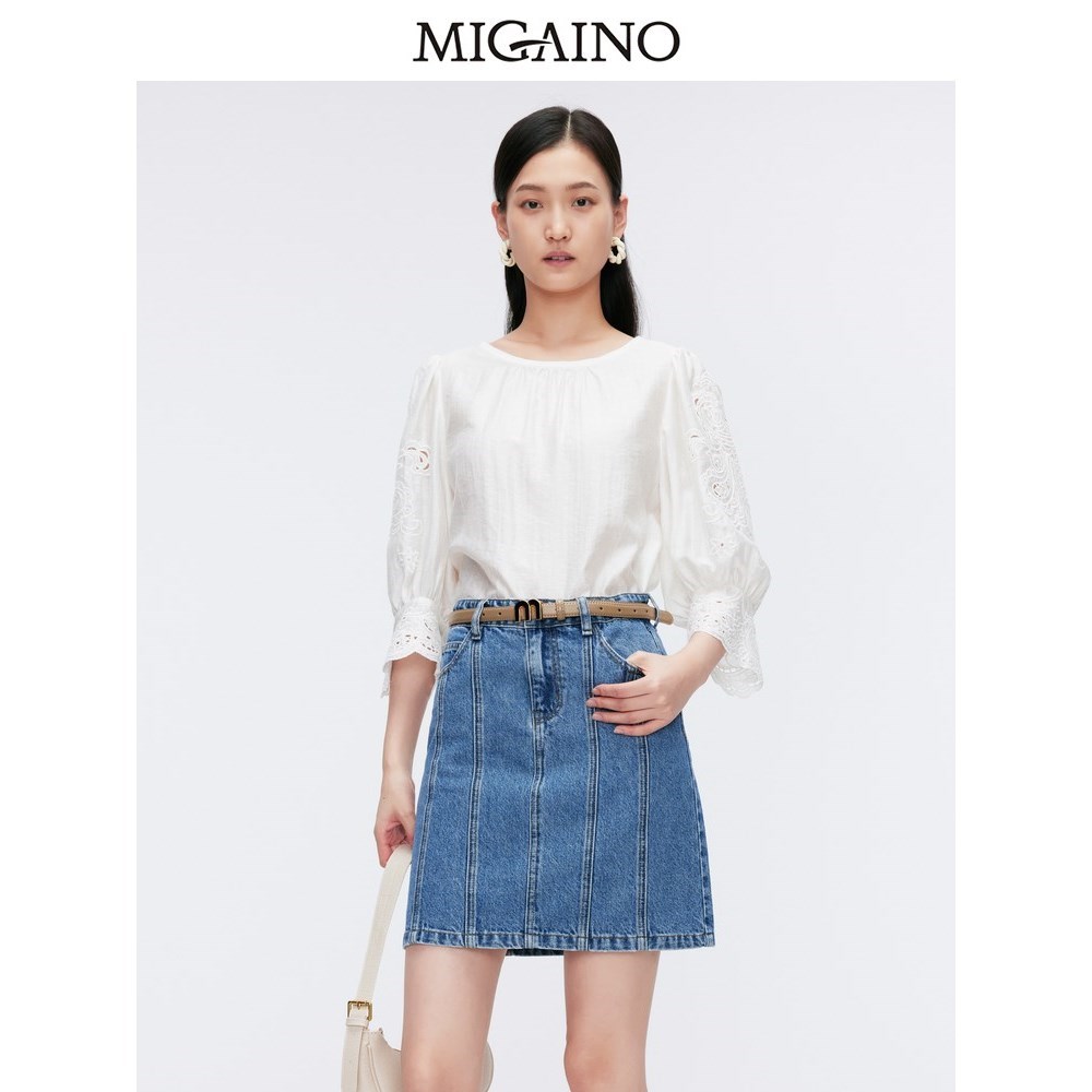 Migaino曼娅奴女装2024夏季新款小个子圆领短款白色上衣MO22AC020