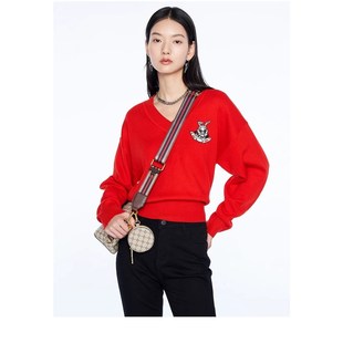 休闲V领红色设计针织毛衣女MN14KW618 时尚 曼娅奴2023春装 新款