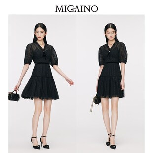 曼娅奴高级感连衣裙女2024夏季 气质蕾丝收腰小黑裙MO14DB640 新款