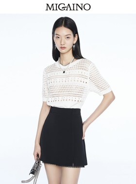 曼娅奴毛针织衫2023夏白色微镂空别致短袖复古通勤性感MN24KW611