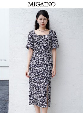 Migaino曼娅奴法式连衣裙女2023年秋新款优雅碎花茶歇裙MN32DC100