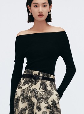 Migaino曼娅奴女装2025年春季新款羊毛露肩软糯黑色毛衣MP12WH268