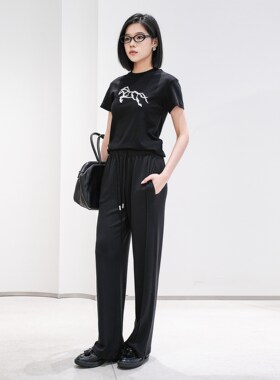 Migaino曼娅奴2026春新款休闲正肩短袖黑色纯棉T恤女士MQ14RA704