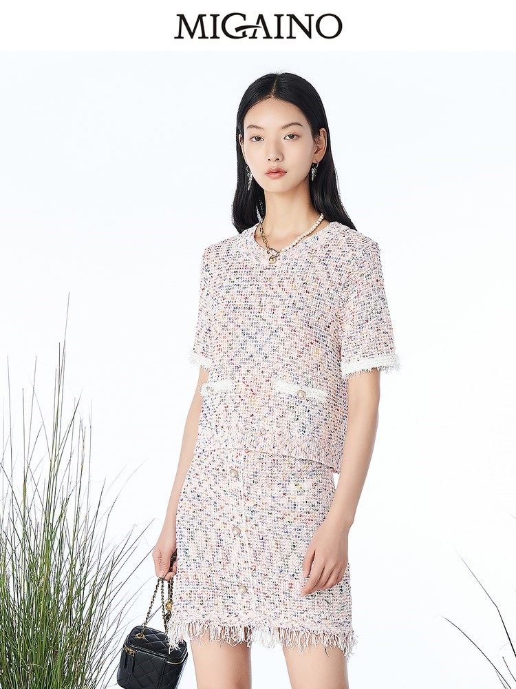 曼娅奴小香风套装裙女2023春新款小个子复古两件套裙装MN14MW601