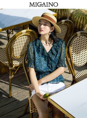 曼娅奴碎花衬衫23夏季新款荷叶边V领抽褶收腰小众上衣女MN24AA606